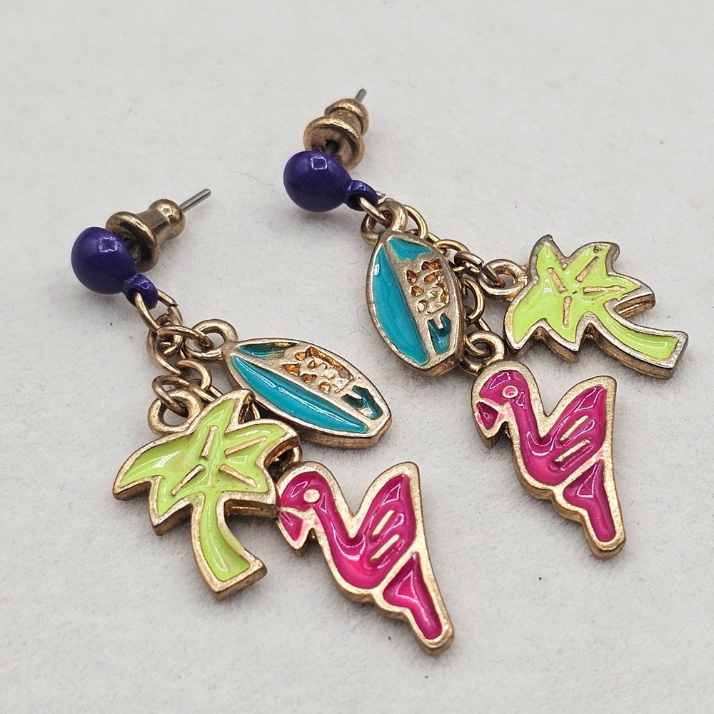 Tropical Dangle Earrings Multicolor Flamingo Palm Tree Surfboard Beach Vacation
